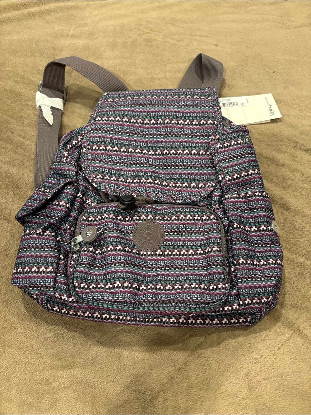 Kipling Patterned Mini Backpack in Purple and Teal